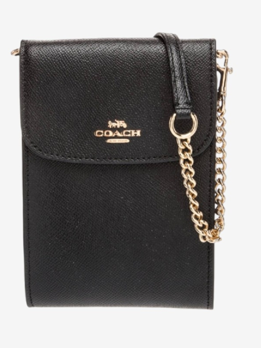 Coach Black Leather Crossbody Phone Pouch with Gold Chain